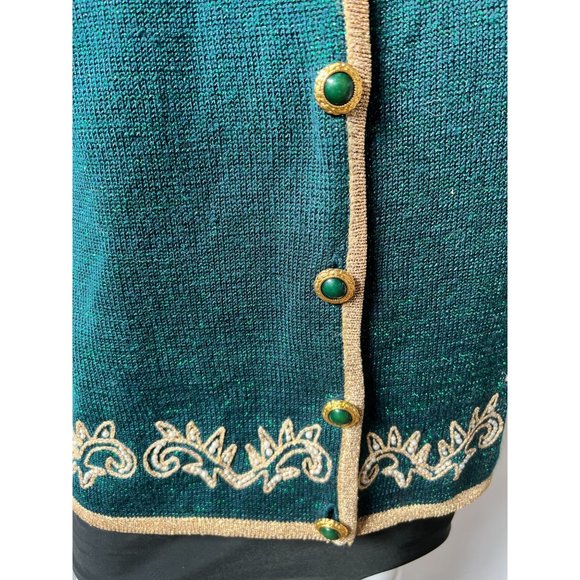 Jaclyn Smith Beaded and Embroidered Cardigan Sweater M Green, Gold Metallic Th - Picture 9 of 16